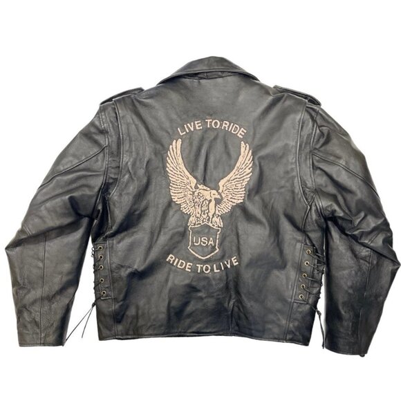 Vintage 90s-y2K Leather Biker Jacket w/Eagle "Live to Ride" Black Zip Out Liner‎ - Picture 1 of 16